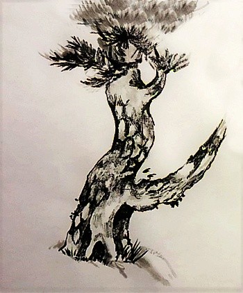 水墨で松の木を描く